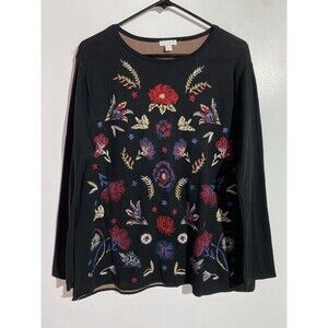 J‎ Jill Sweater Large Black Red Embroidered Floral Boho Cottagecore Feminine